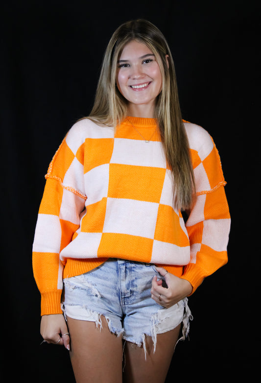 Orange Checkered Bishop Long Sleeve Sweater