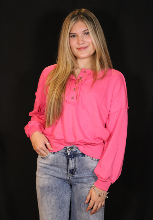 Hot Pink Slouchy Drop Shoulder Henley Sweatshirt