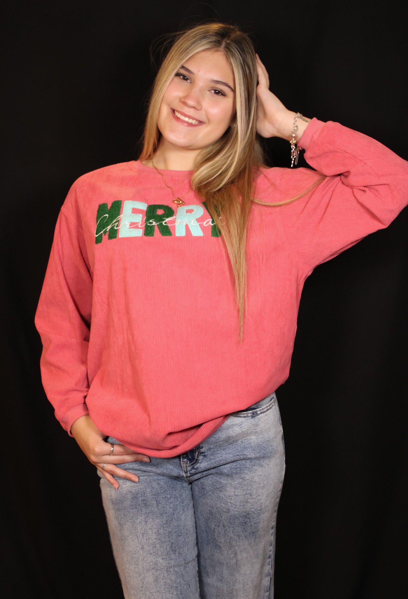 Strawberry Pink MERRY Christmas Corded Graphic Sweatshirt