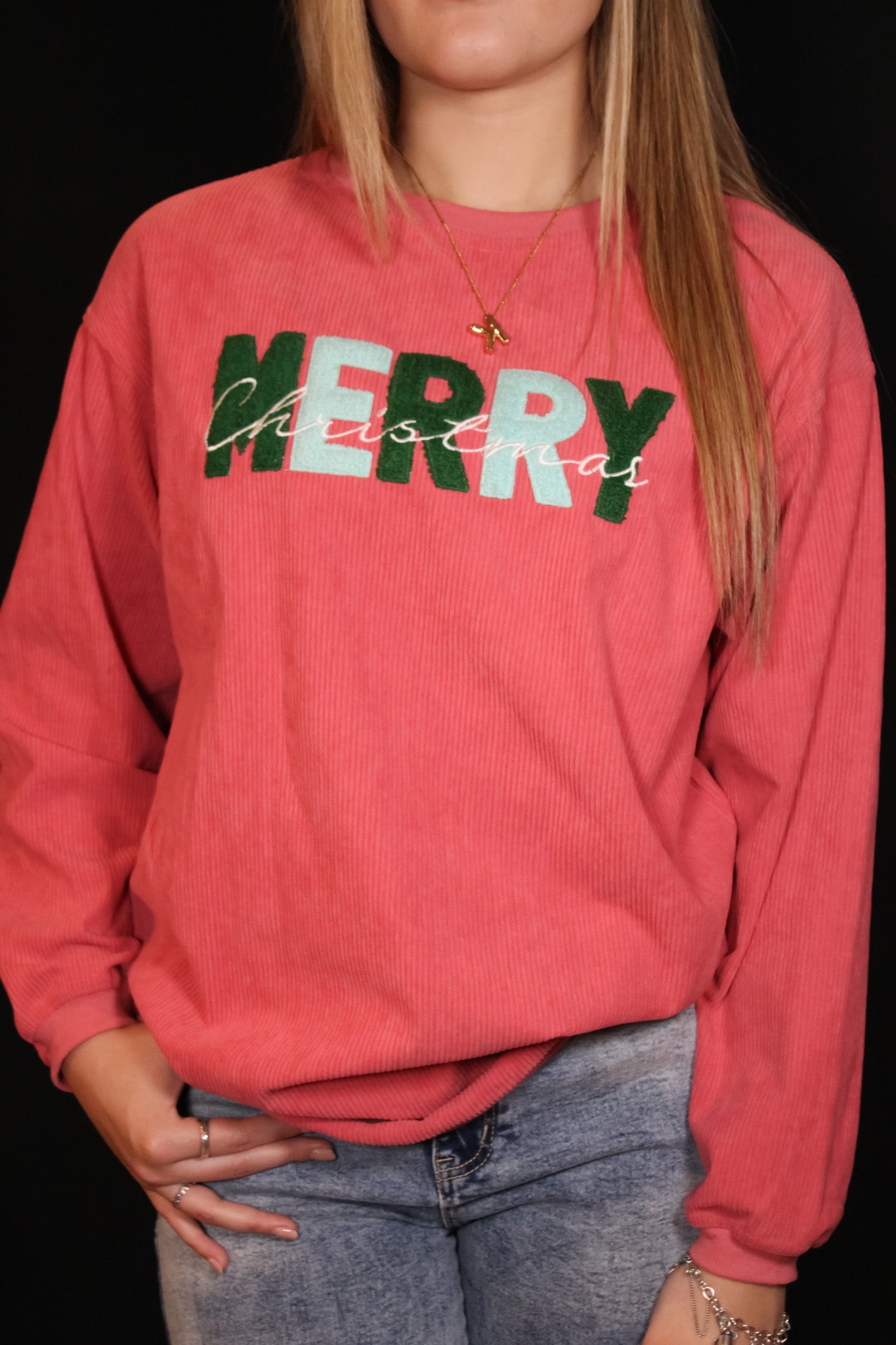 Strawberry Pink MERRY Christmas Corded Graphic Sweatshirt