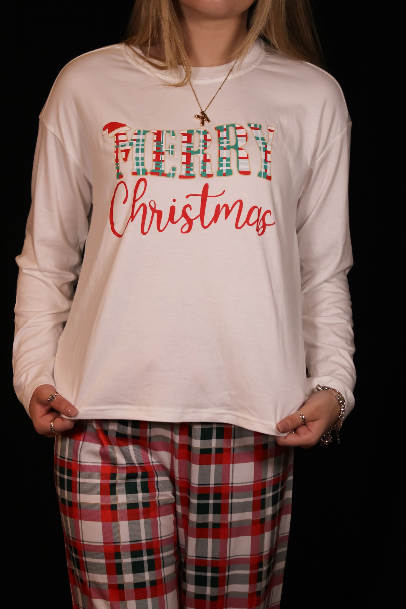 Multicolor Merry Christmas Top and Plaid Pants Pajama Set